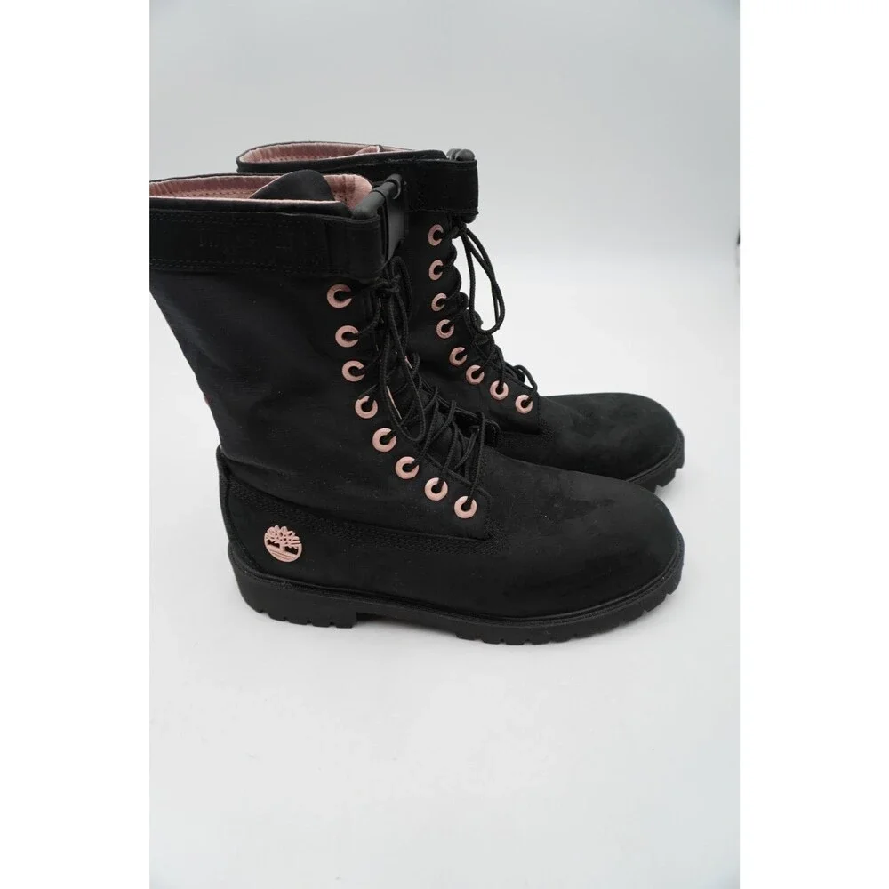 Timberland Black Suede Nylon Mid-Calf Boots Pink Eyelets Buckle Ankle Strap Sz 7